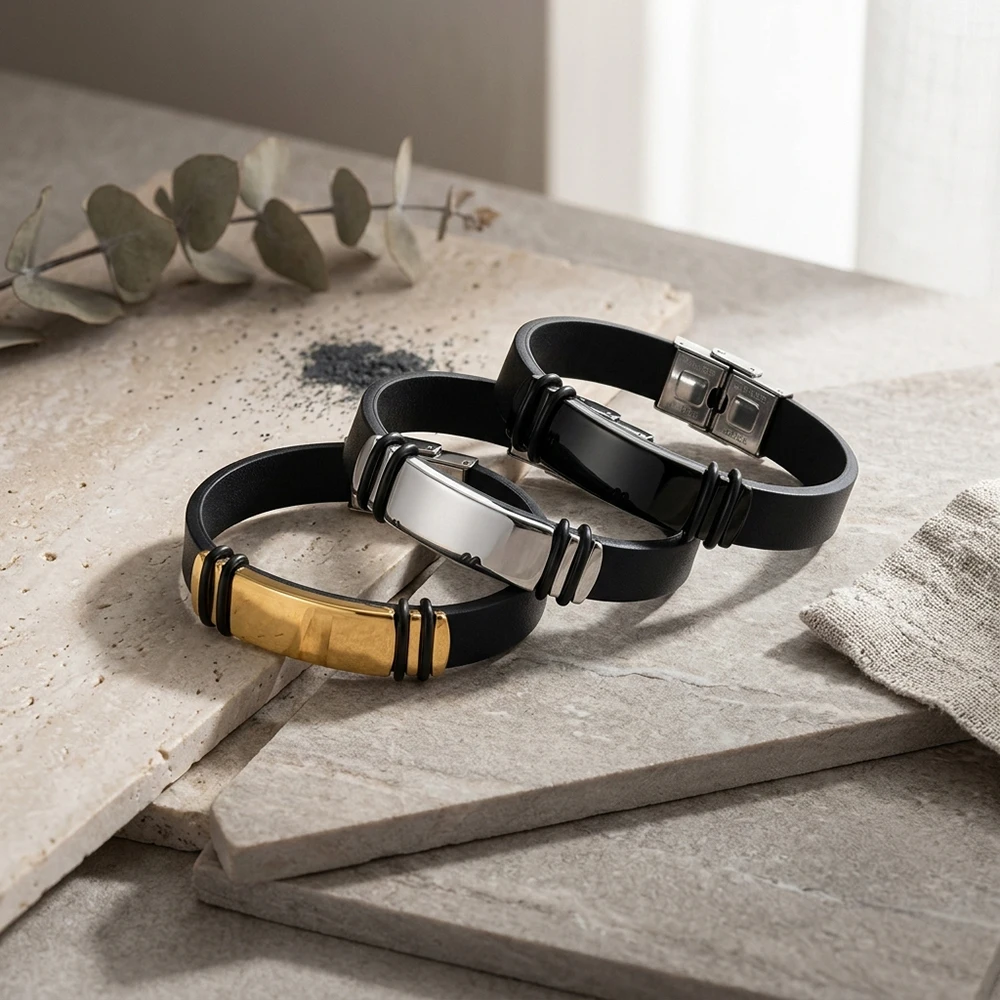 Europäische Hip-Hop-Rock-Mode Einfache Herren-Punk-Armbänder Edelstahl Silikon Schwarzes Armband Männerarmband Geschenke KAH430 – Detail 4