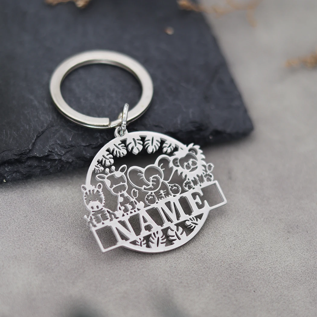 Custom Name Keychain Cute Little Animal World Pendant Keyring Men Women Personalized Stainless Steel Jewelry Keepsake Gift