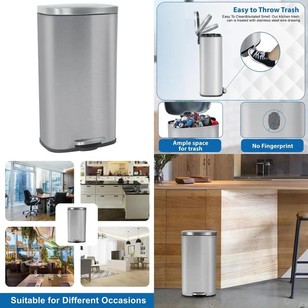 

Stainless Steel 8 Gallon Trash Can with Removable Bucket, Foot Pedal, Soft Close for Home and Office Use