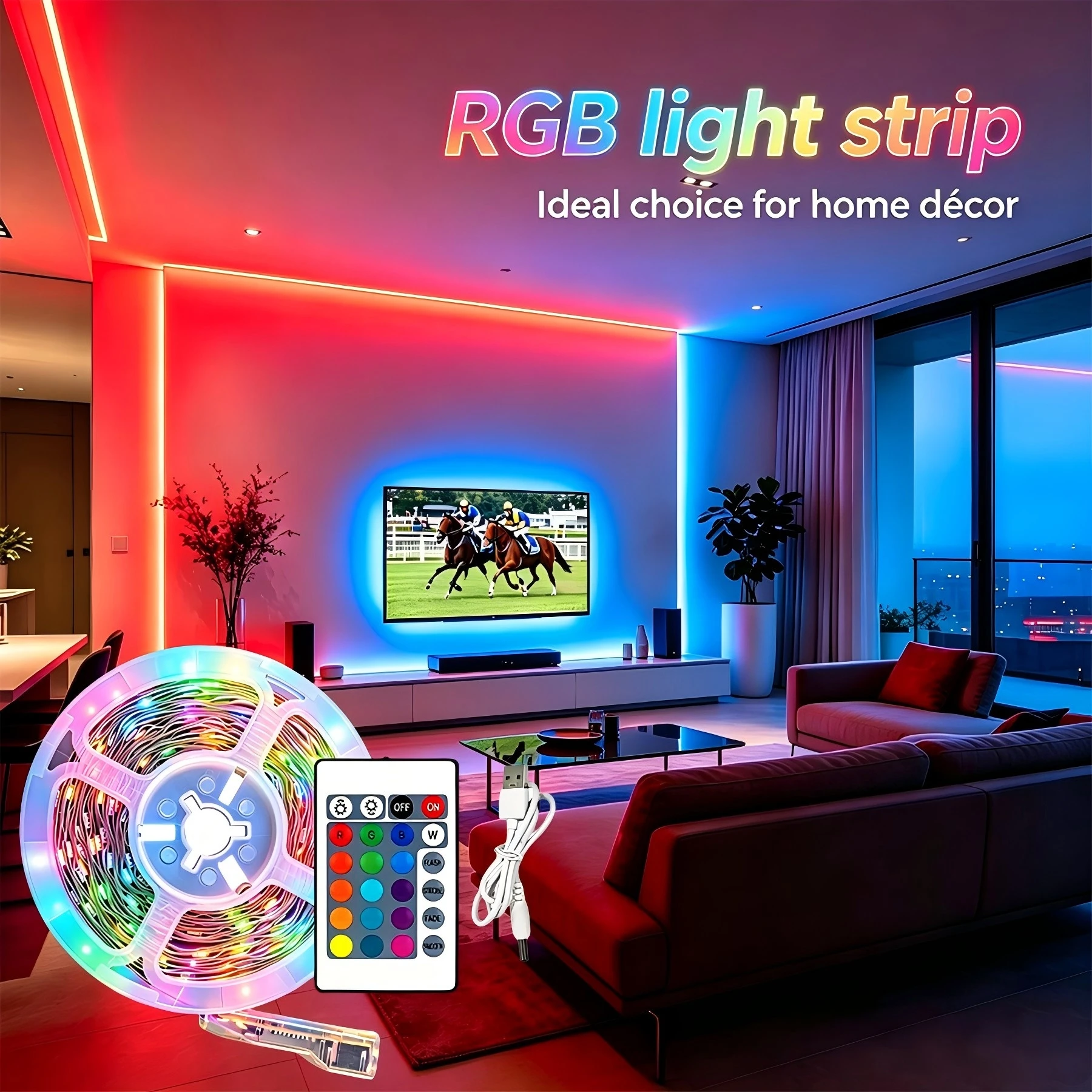 5V RGB LED strip, USB powered, 24-key remote control, suitable for TV backlighting, bedroom, living room, and DIY lighting.