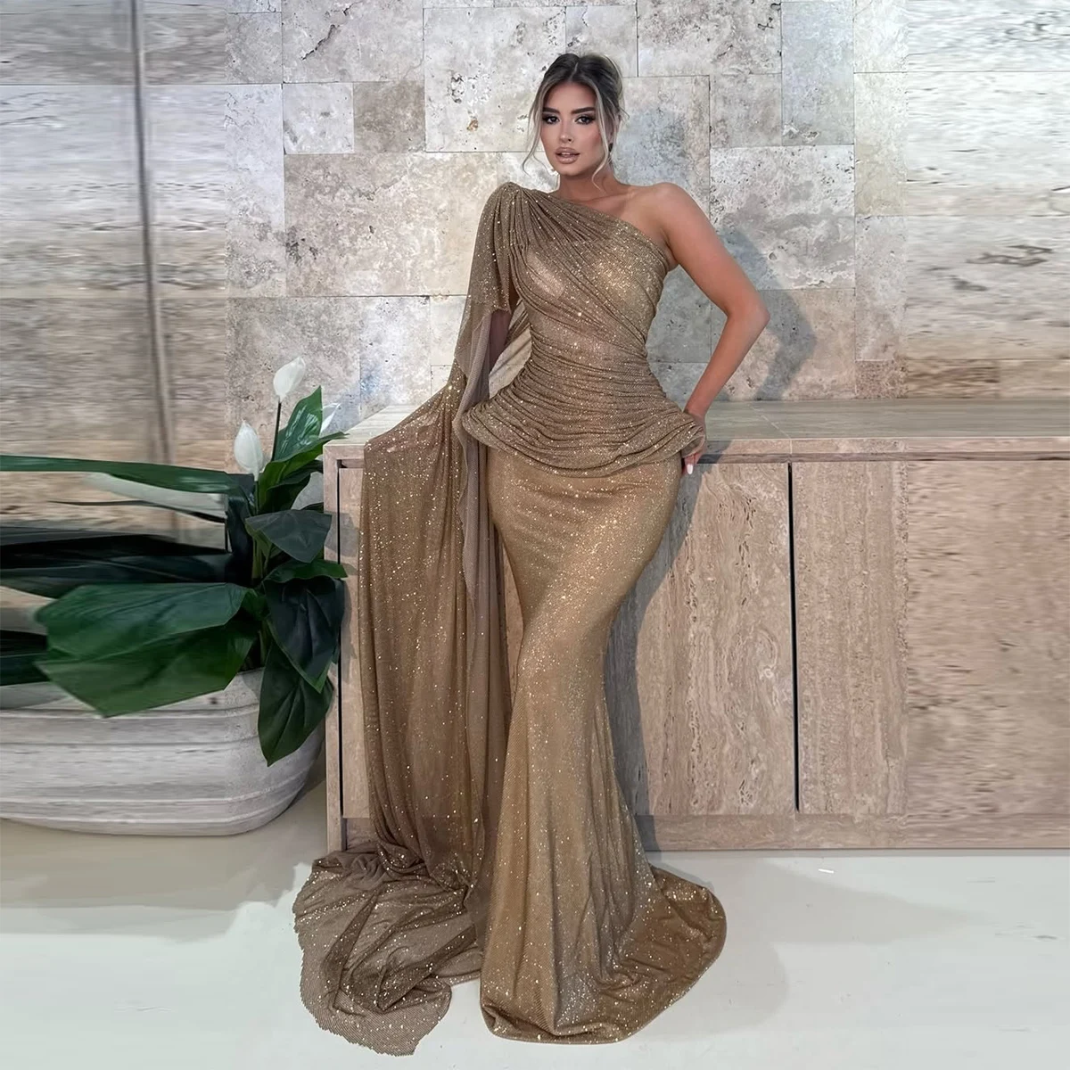 Sparkly Sexy Sequined Mermaid Prom Dresses One Shoulder Sweep Train Shining Evening Gowns Women Formal Occasion Party Dress