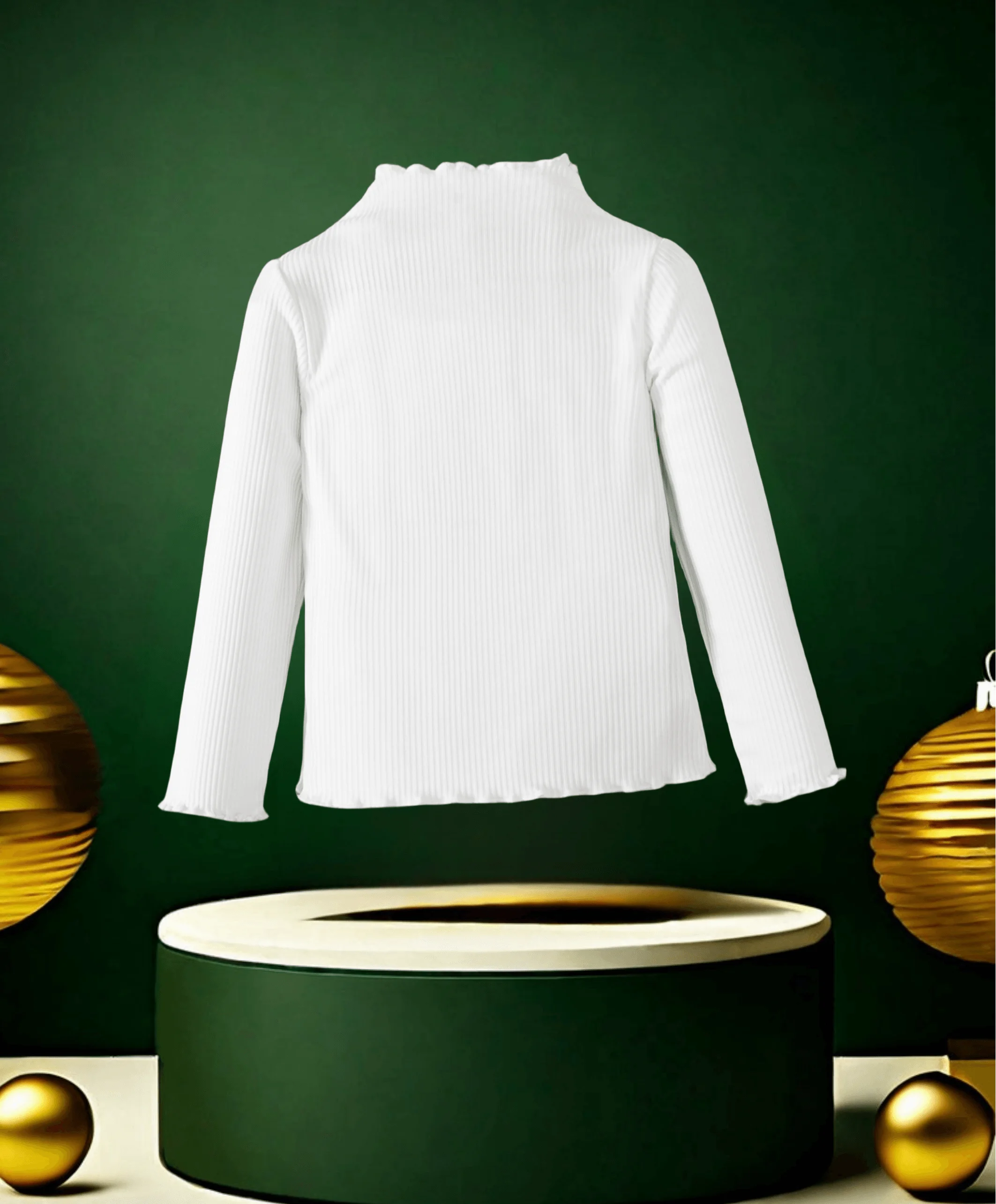 Girls white mid-neck long-sleeved T-shirt - elegant and dense collar, comfortable ribbed fabric, simple and versatile