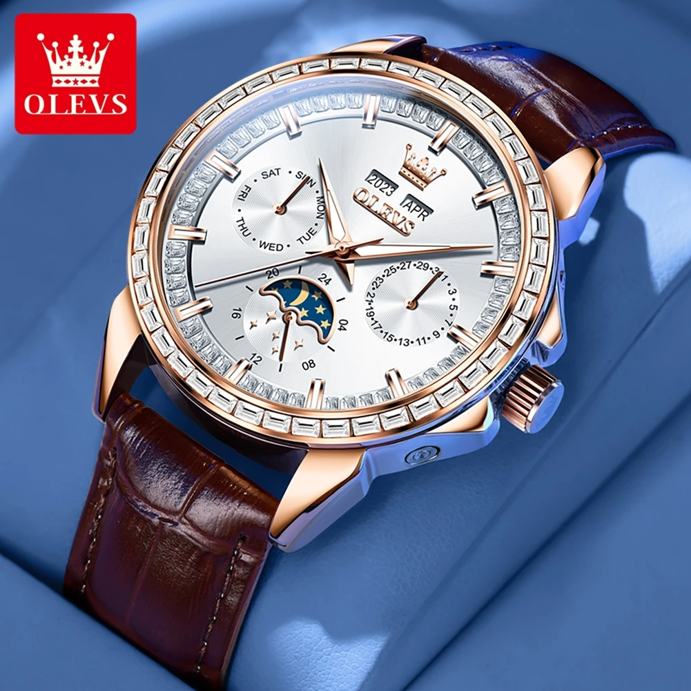 OLEVS 6695 Luxury Men's Watch Leather Strap New Tide HD Luminous Original Automatic Mechanical Watch Full Diamond Wristwatch