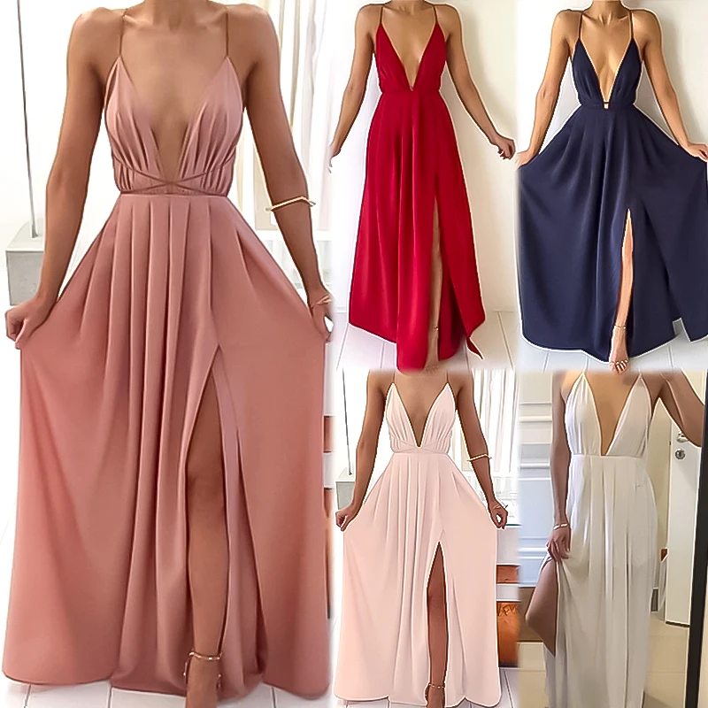 

Women's Sexy Long Dress Solid Color Printed Halter Sleeleless Deep-V Collar Suspender Skirt Casual Bohemian Party Backless Dress