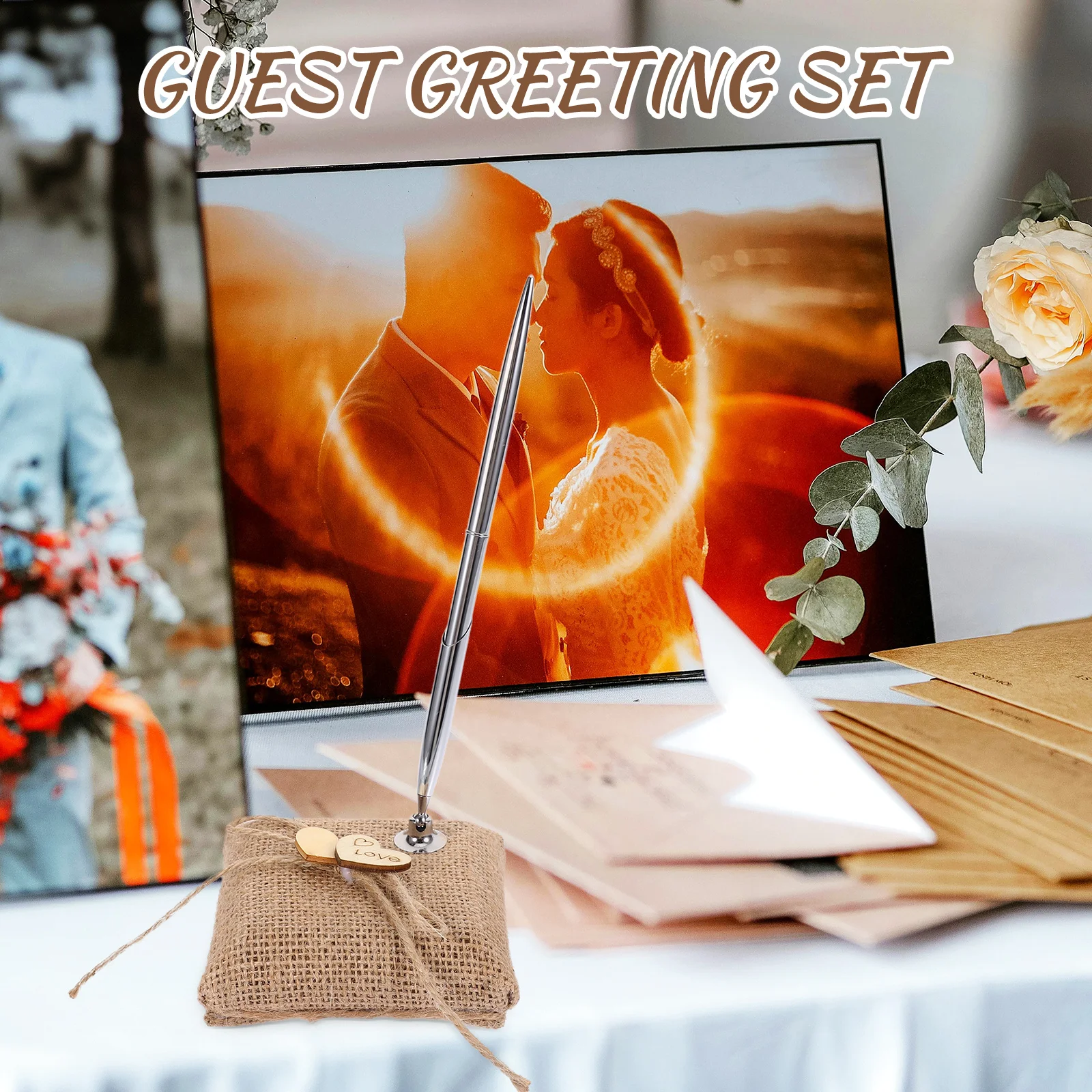 

Double Heart Pen Seat Burlap Holder Wedding Guest Rustic Favors Book Decorations
