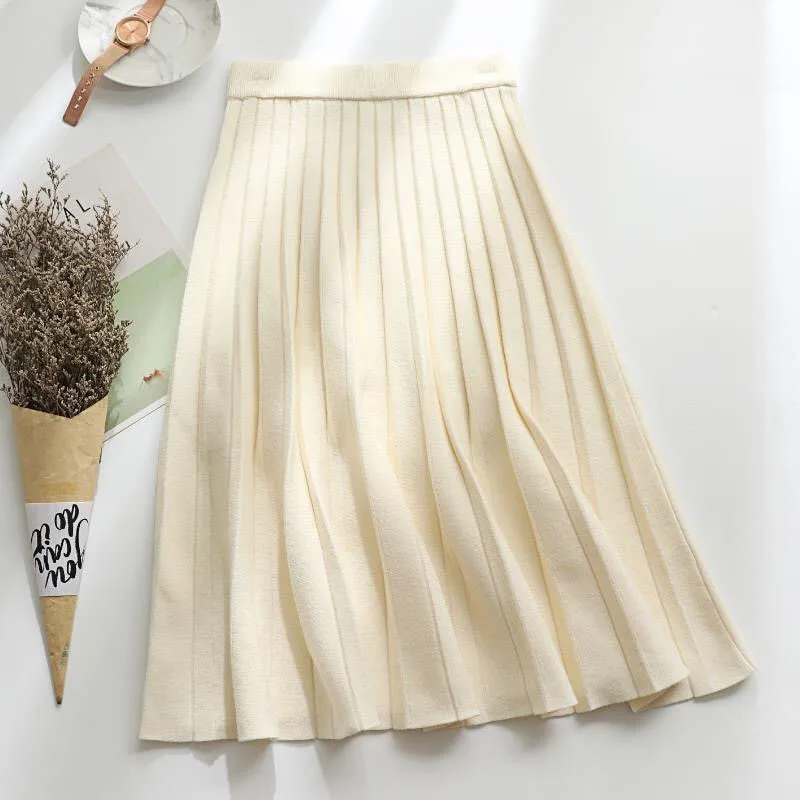 Elegant Fashion Solid Color Knit Pleated Skirt Autumn Winter A-Line Trend All-match Elastic High Waist Skirts Women\'s Clothing