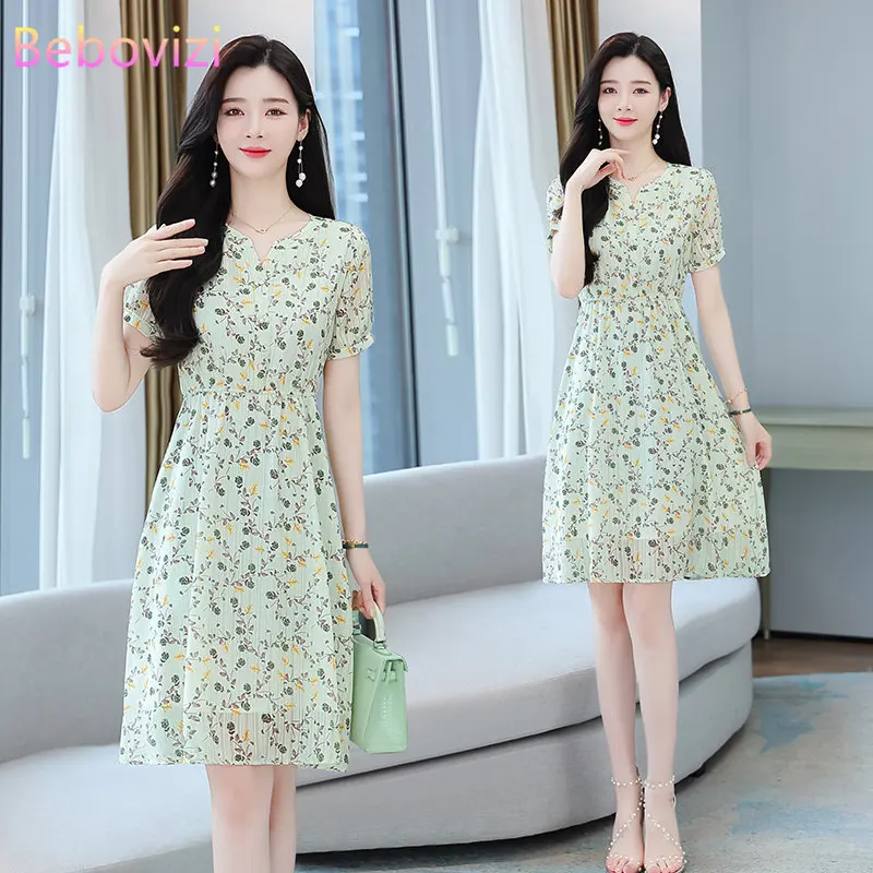 

New Women's Short Sleeve Dress Summer Slim Waist Floral Chiffon Midi Dresses