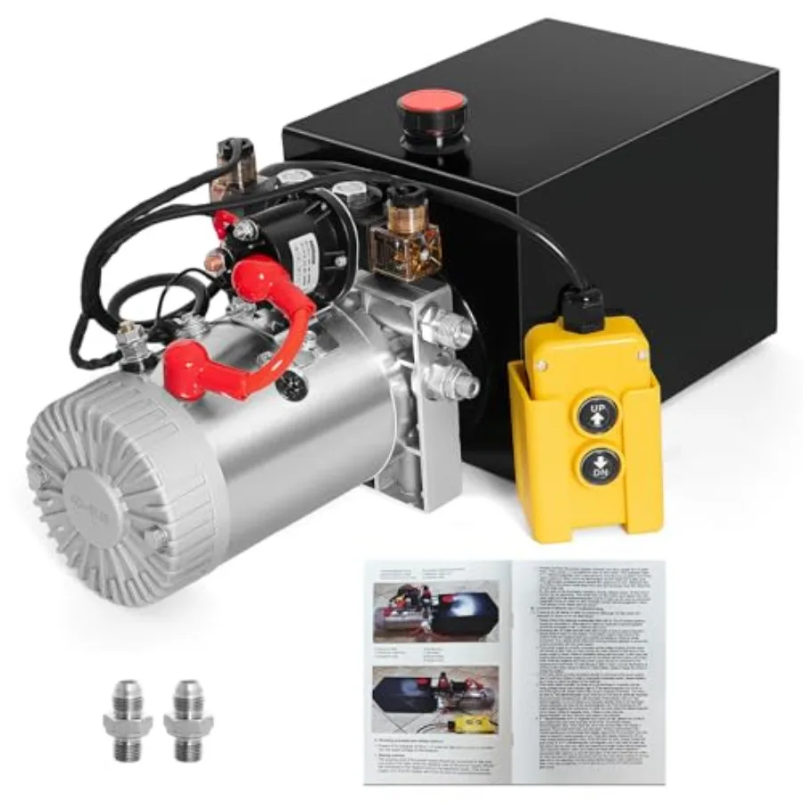 

Dump trailer hydraulic pump application, aluminum alloy body, black color, 12V double-acting electric power unit with 8-quart r
