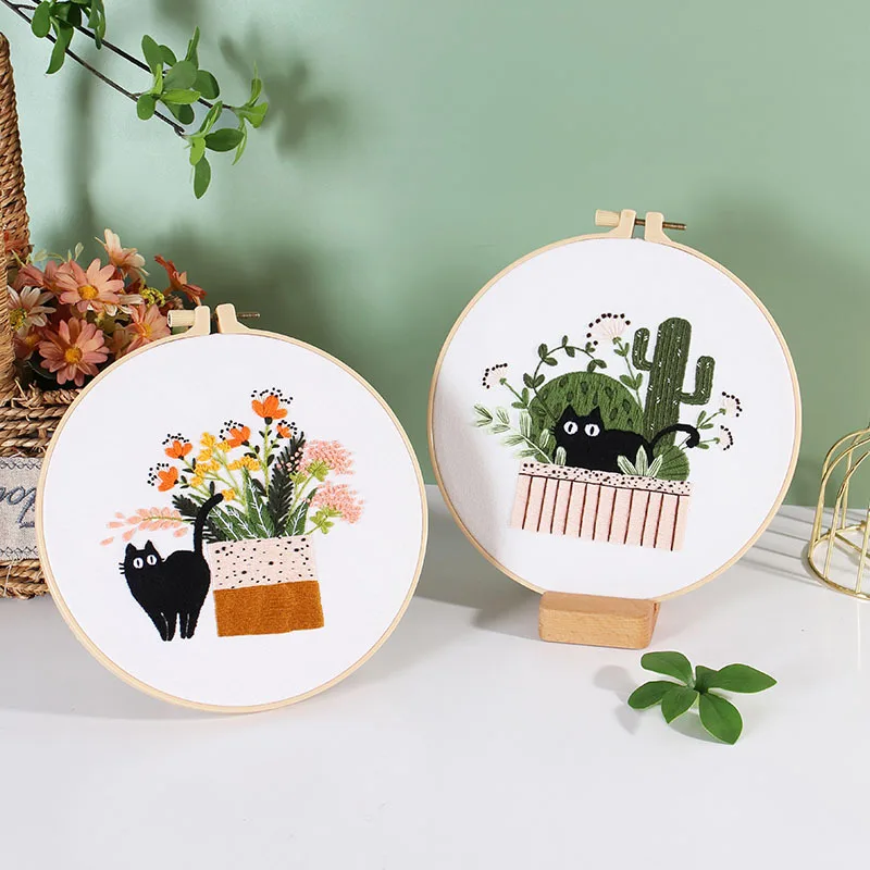 New DIY Embroidery Needlework Tools For Beginners Home Sewing HandCrafts Kit Embroidery Set Flowers Plants Cat Pattern Handmade