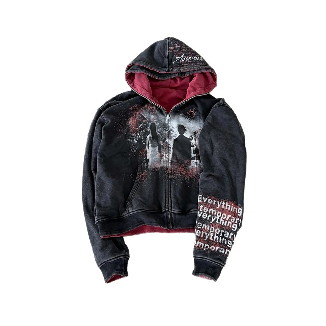 Autumn and winter vintage style Y2K printed double-layer hat, loose dark jacket, hooded top