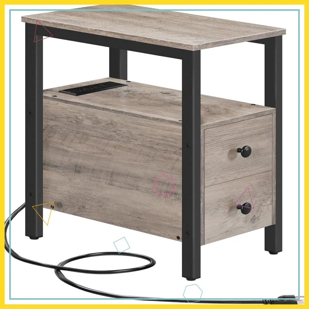 

Узкий приставной столик с зарядной станцией, 2 ящиками, USB-портами и розетками для небольших помещений, спальни или гостиной