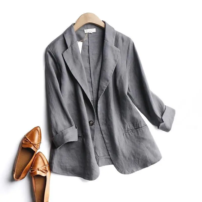 Women Blazer Jacket Cotton Linen Three Quarter Sleeve Thin Spring Summer Autumn Casual Elegant Beige Grey Blue Blazers