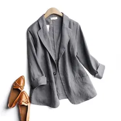 Veste blazer en coton et lin pour femme, manches trois quarts, mince, décontracté, élégant, beige, gris, bleu, printemps, été, automne