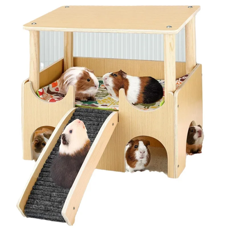 Premium houten cavia's huis |   Schuilplaats voor kleine dieren op 2 niveaus met trappen |   Snelle montage voor hamsters/konijnen/chilla's