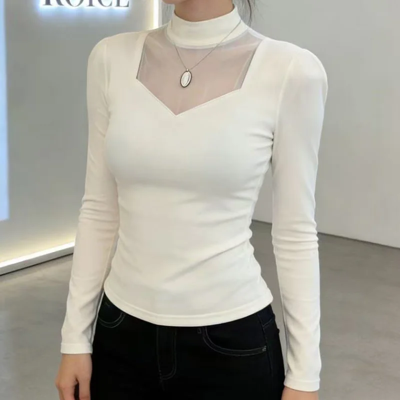 Damen Frühling Halbhoher Kragen Langarm T-Shirt mit Netzstoff-Einsätzen, Schwarzes Elegantes Transparentes Oberteil – Detail 7