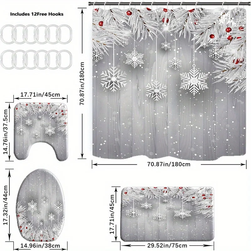 

Рождественский душевой набор из 4 предметов, снежинка и ягода, коврик для ванной и коврик, 12 крючков, праздничный декор | Зимняя страна чудес | Рождественское украшение