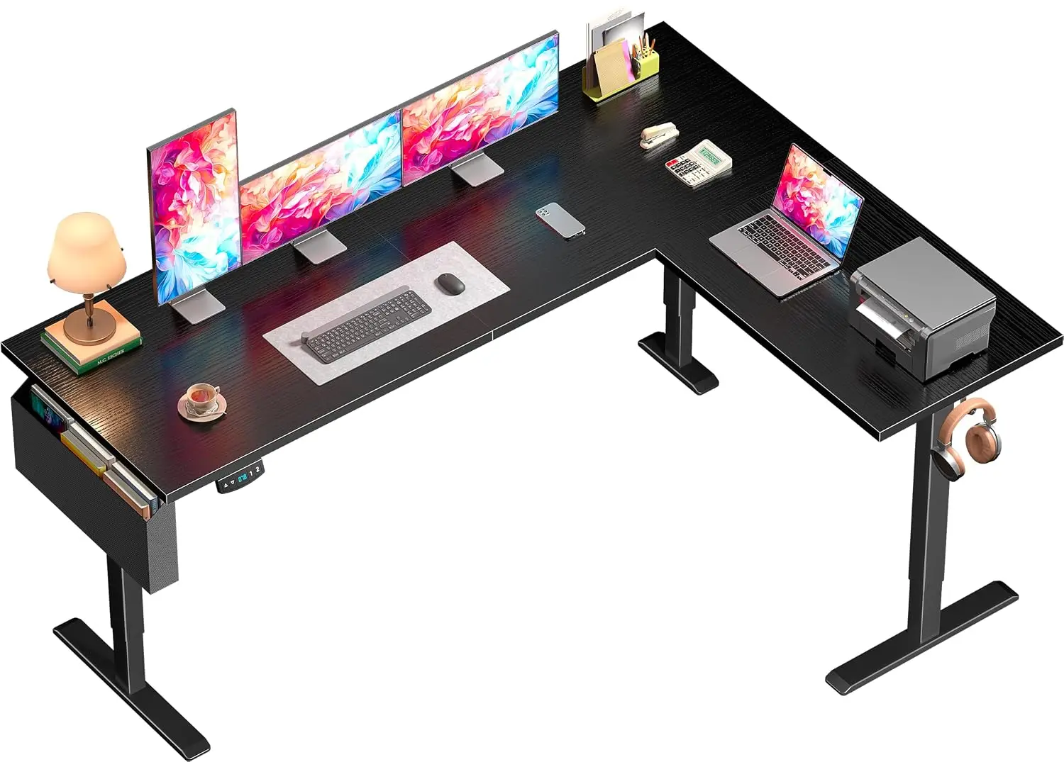 L Shaped Electric Desk, Height Adjustable Computer Table with Memory Presets, LED Screen, Storage Hook, 63 Inch, Customized