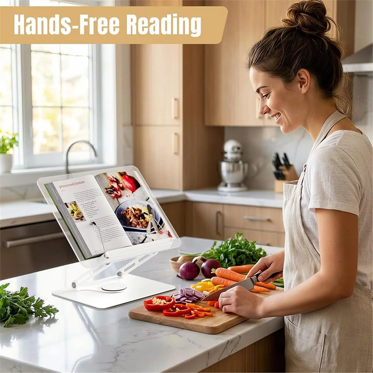 Suporte de Livro Ajustável em Acrílico para Leitura, 360 ° Base Rotativa, Suporte para Livros de Receitas Sem Mãos Livres para