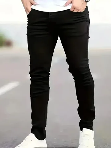 Men's Slim-Fit Black Jeans - Stretch Denim, Mid-Rise, Casual Skinny Pants for All Seasons