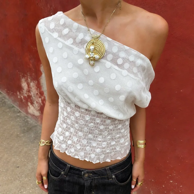 

Tsiisd Polka Dot Sheer T-Shirt Cropped Top For Women Slim One Shoulder Sexy Streetwear Patchwork Summer Fashion TopY2k Tee 2026
