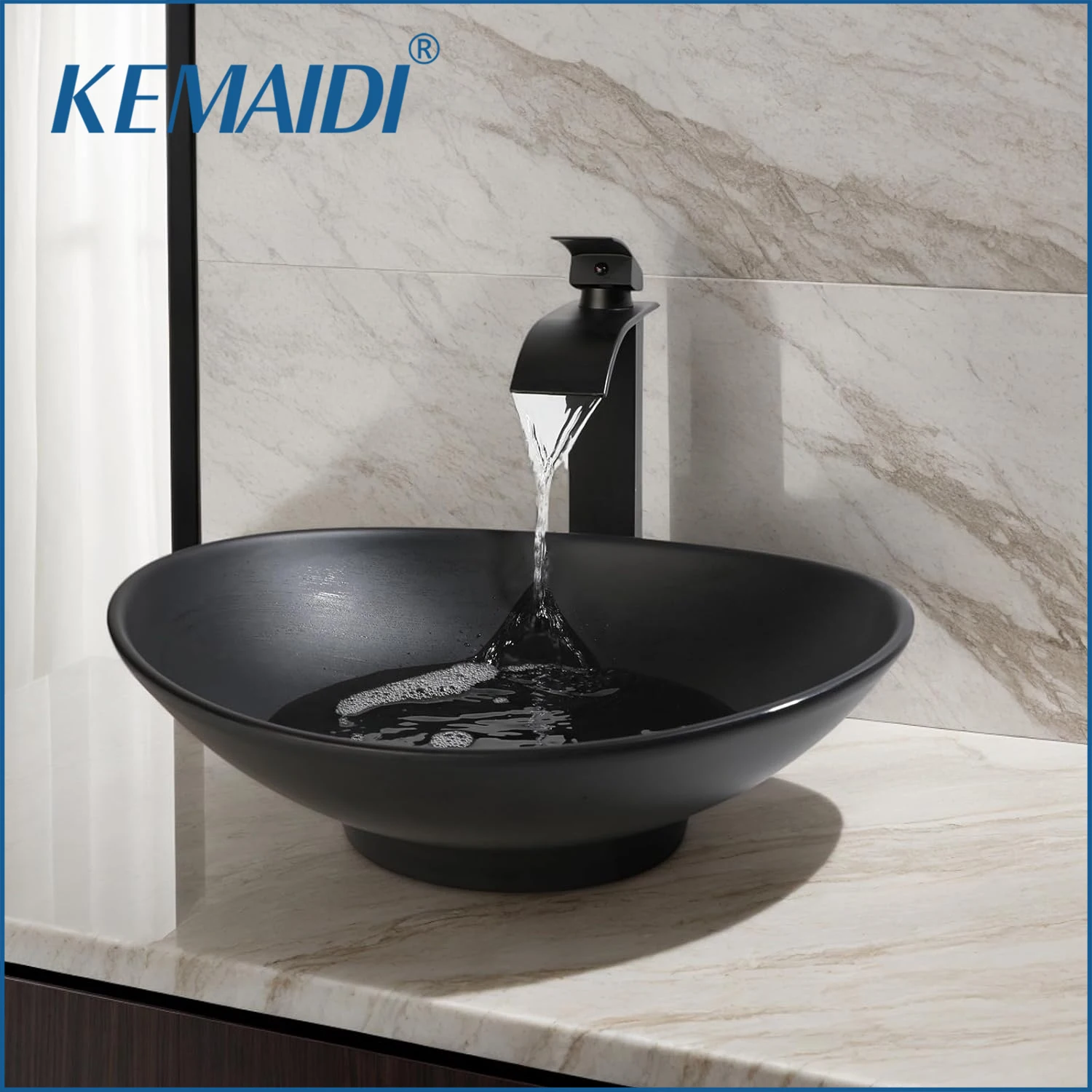 

KEMAIDI Oval Black Stone Resin Countertop Bathroom Vessel Sink with Tap and Pop-Up Waste Modern Bathroom Basin for Vanity