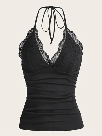 Lace V-neck Halter Top Women Summer Sexy Grunge Punk Goth Backless Ruched Crop Top Cami Top Streetwear Y2K Clothes 2024