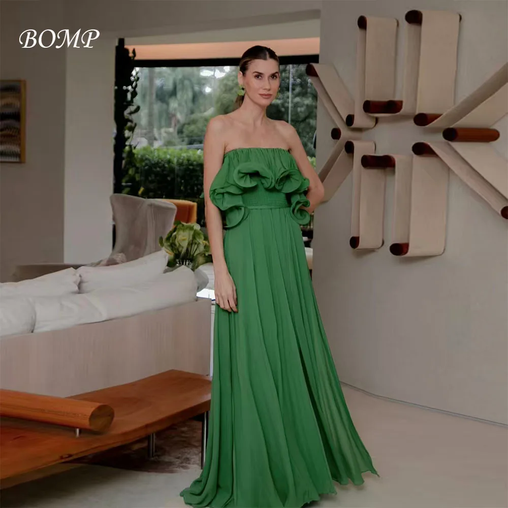 

BOMP Elegant Green Wedding Party Dress Strapless Draped A-Line Sweep Train Chiffon Formal Occasion Evening Gown Customized