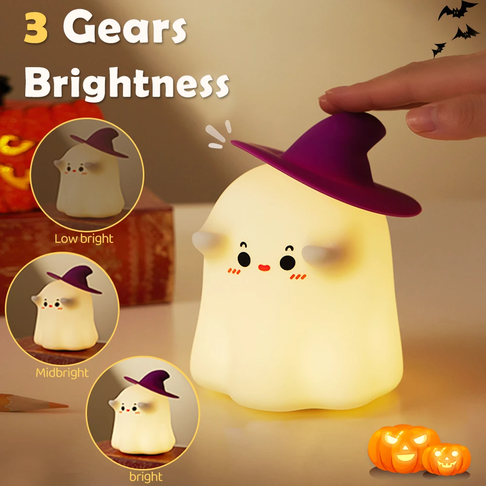 Funny Silicone Ghost Night Light Dimmable Rechargeable Nursery Nightlights Beside Touch Lamp for Kids Room Halloween Decor