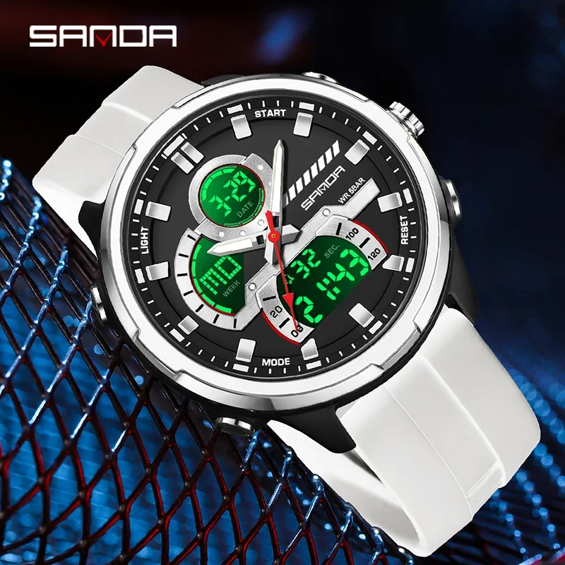 SANDA Fashion New G Style Dual Display ساعة إلكترونية للرجال 5ATM مقاومة للماء LED ضوء ليلي ساعات كوارتز رياضية متعددة الوظائف