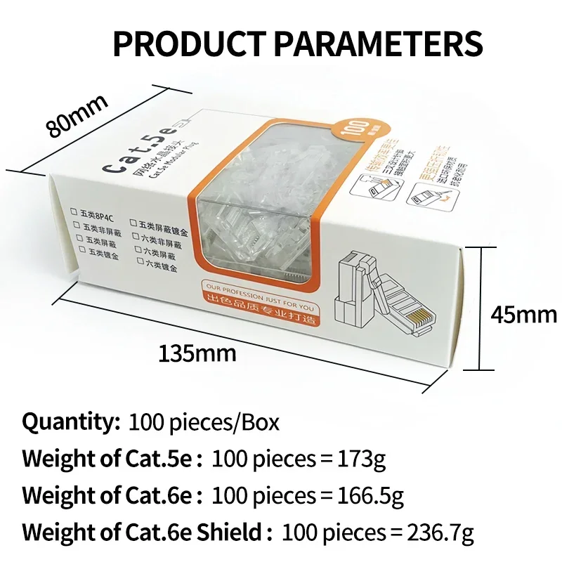 100Pcs/Box Gold-Plated Cat6 RJ45 Connector,Stable Gigabit Ethernet Crystal Heads for PC/Laptop/Router-Fast Network Transmission
