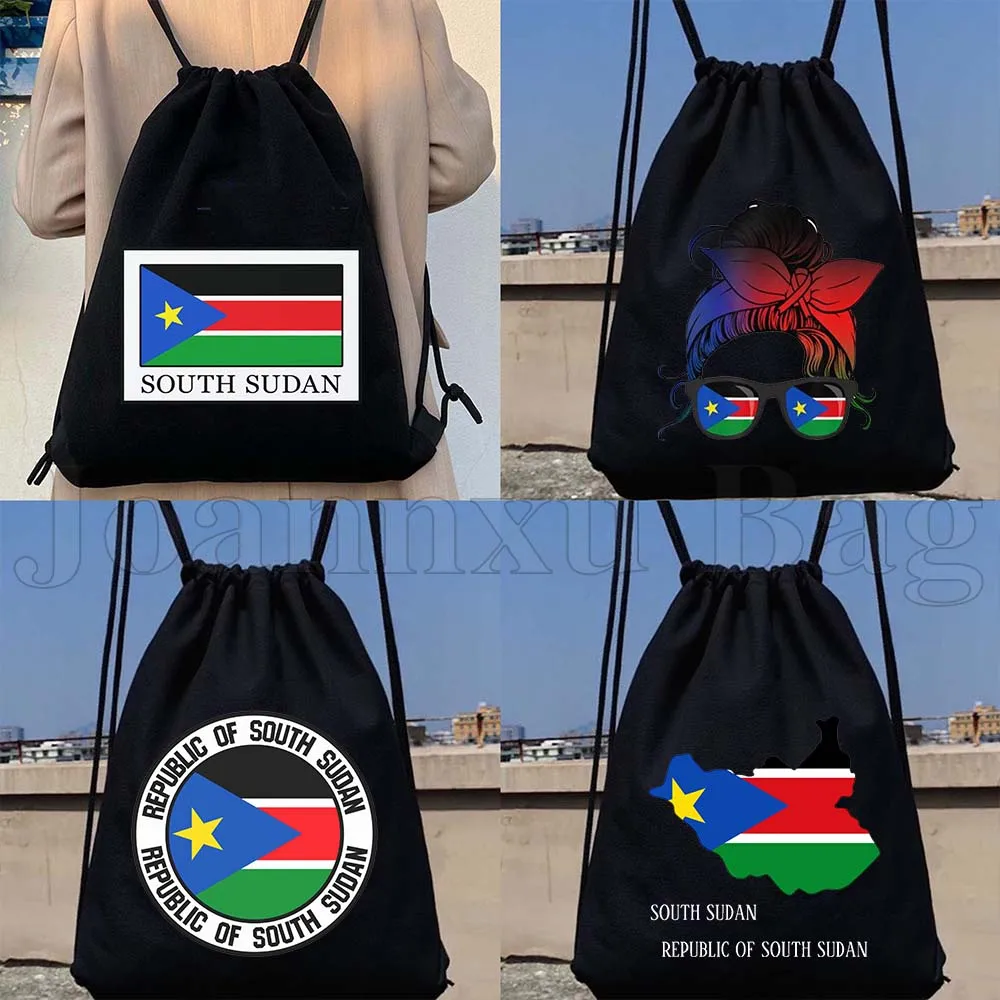 

South Sudan National Flag Map Patriotic Gifts Canvas Drawstring Bags Soccer Backpack Sackpack String Bag for Hiking Sports Yoga