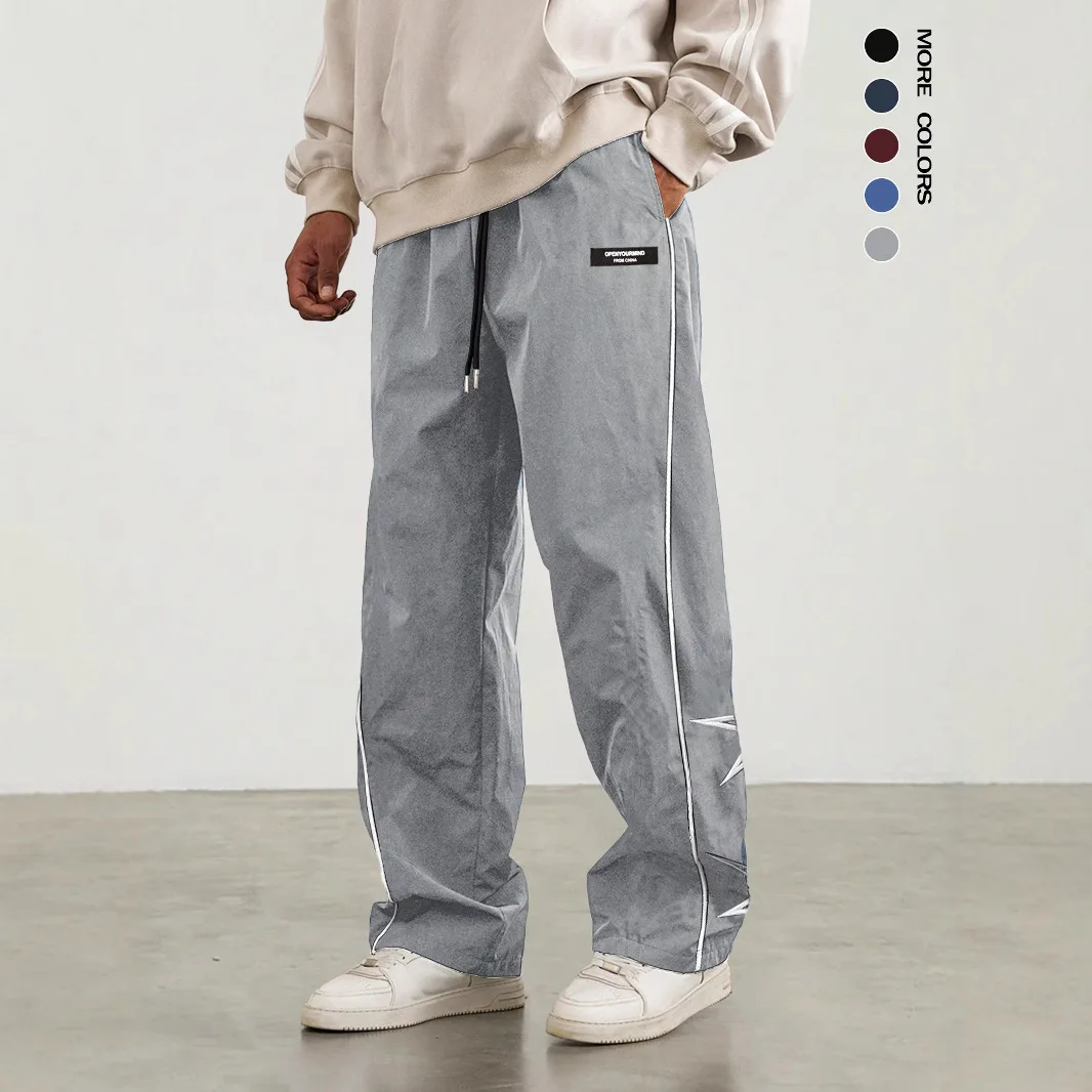 

Men's Regular Plain Sports Straight Pants with Drawstrings and Elastic Waistband, Reflective Webbing Design, Suitable for Daily