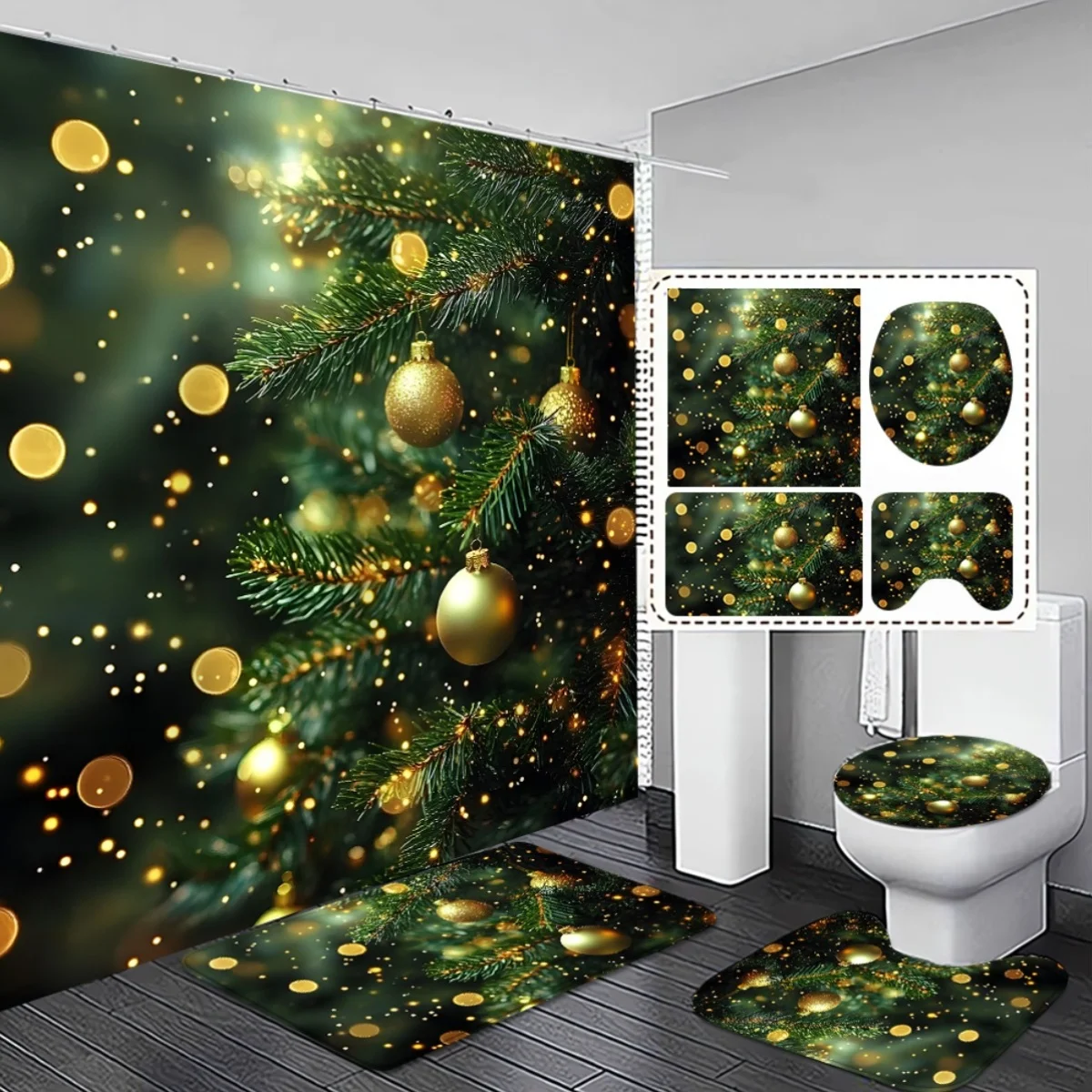 4pcs  Christmas Tree Bath Curtain Set with Matching Non-Slip and Toilet Seat Cover, Green and Golden Holiday Design for Bathr
