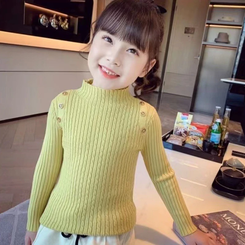 Maglione per ragazze bottoni decorativi invernali collo alto camicia con fondo in tinta unita bambini multicolori Pullover lavorato a maglia ad alta