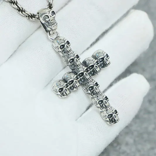 

Thai Silver Fashion Jewelry Wholesale Gothic European and American Cross Skull Pendant Male exaggerated necklace pendant Retro