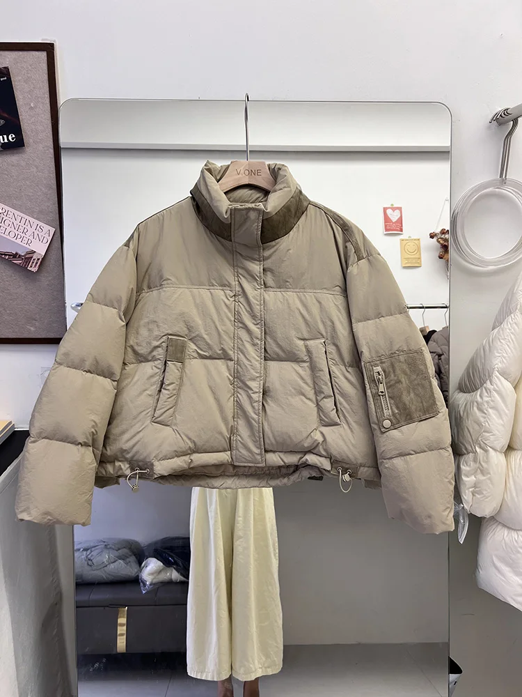 Moda de inverno nova jaqueta feminina commuter emenda gola versátil pato branco para baixo estilo curto jaqueta
