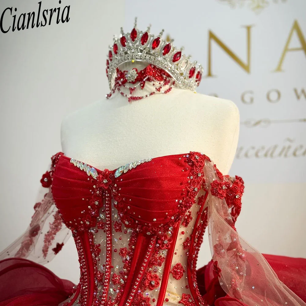 

Red Off-Shoulder Quinceanera Dress Ball Gown for 15-16 Year Old Lace Appliques Evening Gown