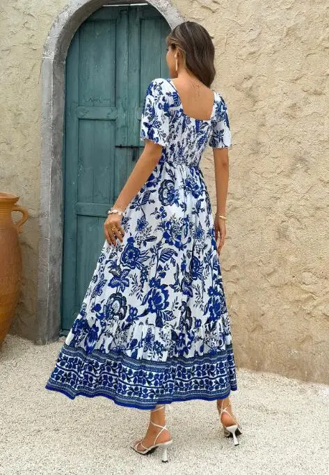 Gonna a trapezio con stampa floreale casual per le vacanze per le donne estive, elegante abito a trapezio con maniche svasate a vita alta e vestibilità slim con collo quadrato