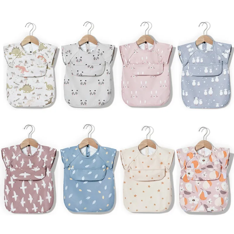 

New Cartoon Short Sleeves Baby Apron Bibs PU Leather Waterproof Children Feeding Smock Bib with Pocket 1-3 Years Baby Burp Cloth