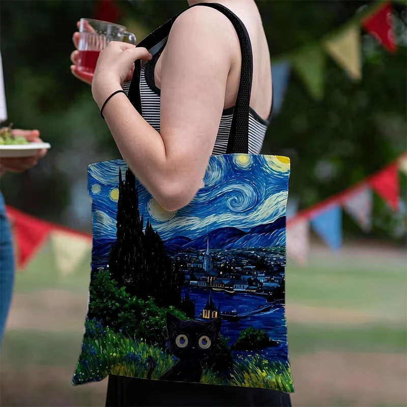 V-Van Gogh Serie Schultertasche, hohe Kapazität, umweltfreundlich, wiederverwendbar, für Damen und Herren, lässige Einkaufstasche, Kawaii-Handtasche mit Cartoon-Motiv. – Detail 2