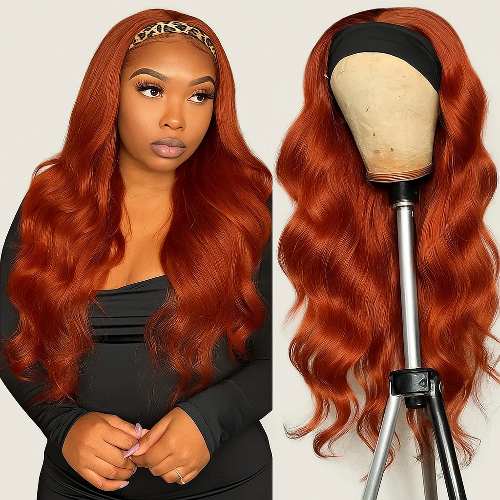 

Reddish Brown Headband Wig Human Hair Body Wave None Lace Wig Human Hair Colored 33# Red Brown Headband Wigs for Black Women