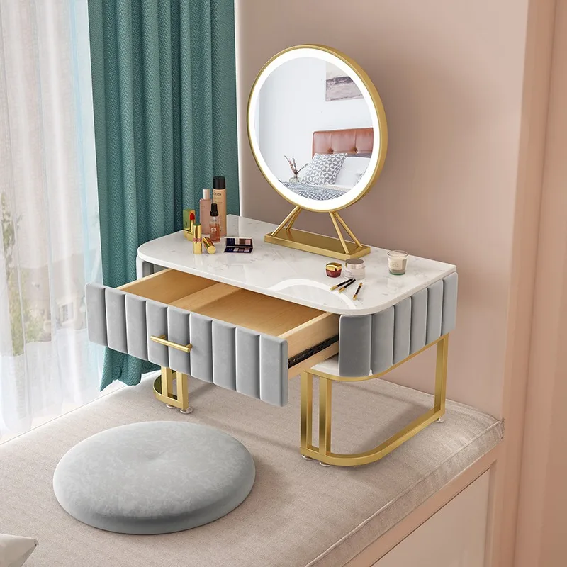 Bay Window Dressing Table Simple Modern Tatami Marble Storage Cabinet Integrated Small Mirror with Light Mini