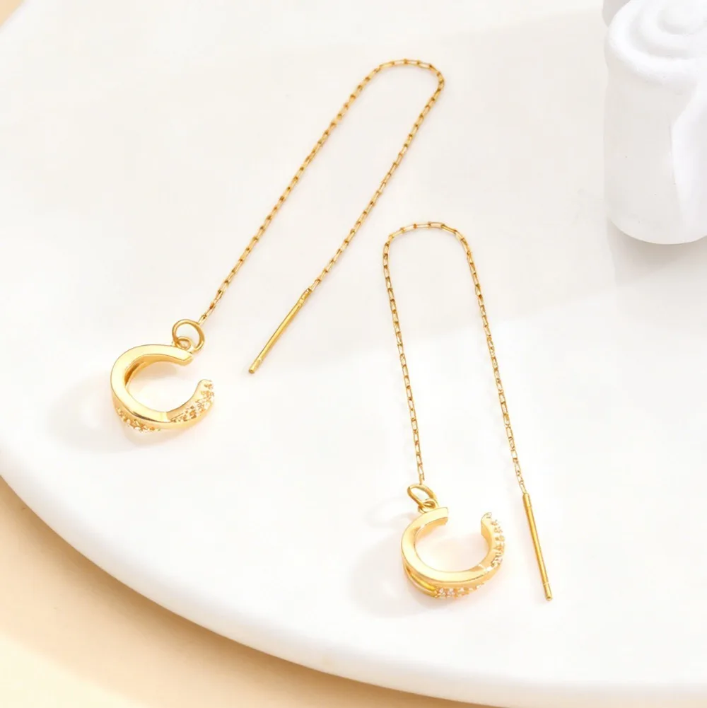 Pendientes largos con borlas y microincrustaciones de circonita para mujer, aretes con Clip en forma de C, joyería para Piercing falso de acero inoxidable