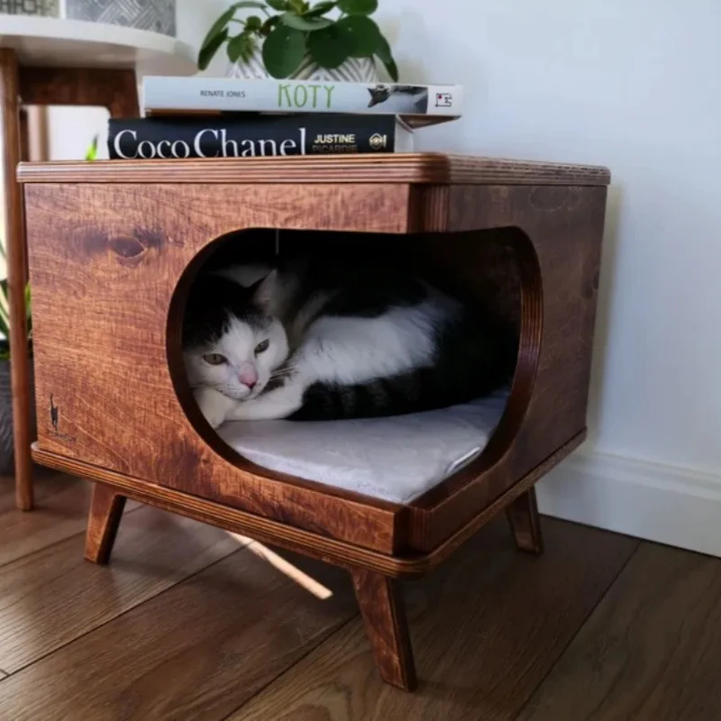 

Premium Modern Handcrafted Wooden Cat House Durable and Sustainable Pet Cage with Solid Carton Stand Alone Shelter Cat Beds