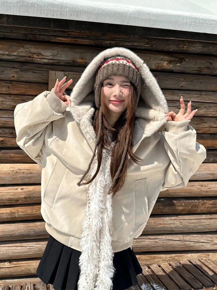 

Thiened Winter Jaet Men Women PU Leather Hooded Coat Warm Cotton Clothes Heavy Fur Collar Casual Sle Zipper Closure