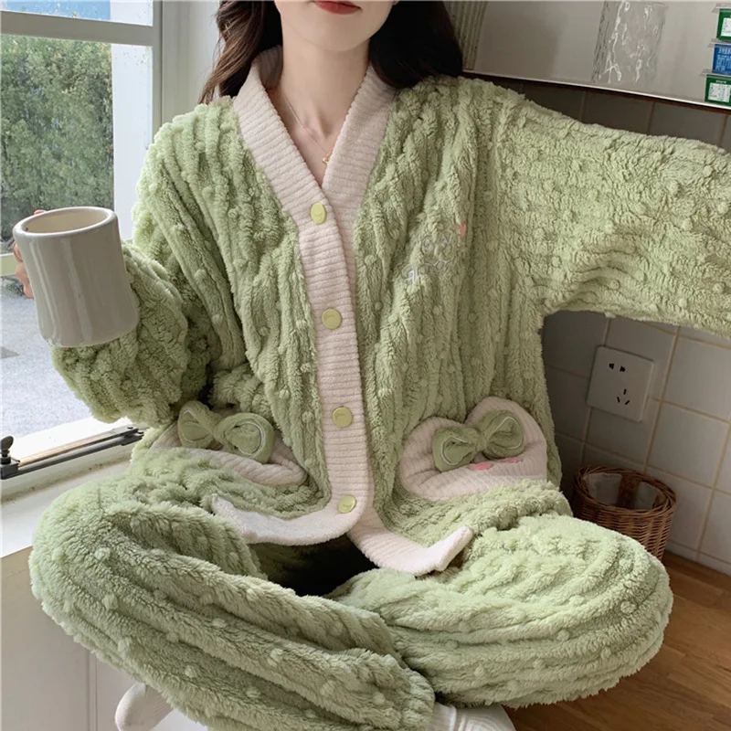 

coral fleece women's pajamas winter fleece-lined thicken V-neck Sleepwear long sleeves pants girl Pajama keep warm homewear