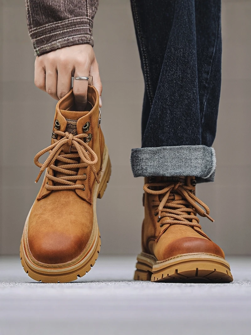 

Men's Winter High-Top Sports Boots Retro British Style All-Match Yellow Work Safety Shoes Comfortable Leisure Fashion