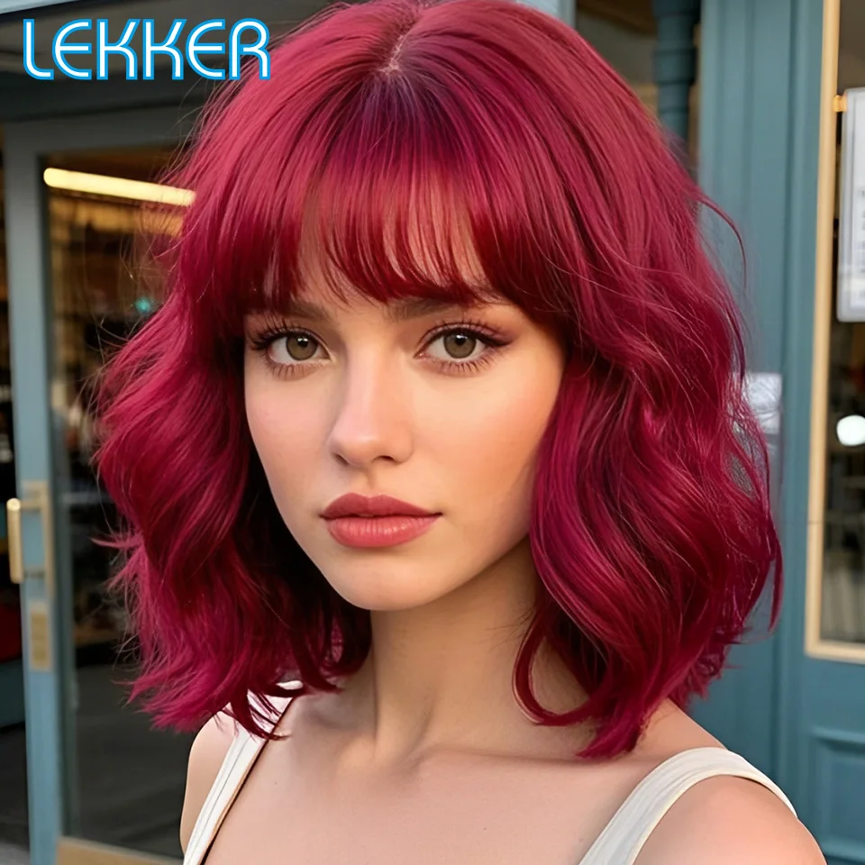 

Lekker Red Short Deep Wavy Bob 100% Human Hair Wigs With Bangs For Women Brazilian Remy Hair Full Machine Made Colored Daily Wig