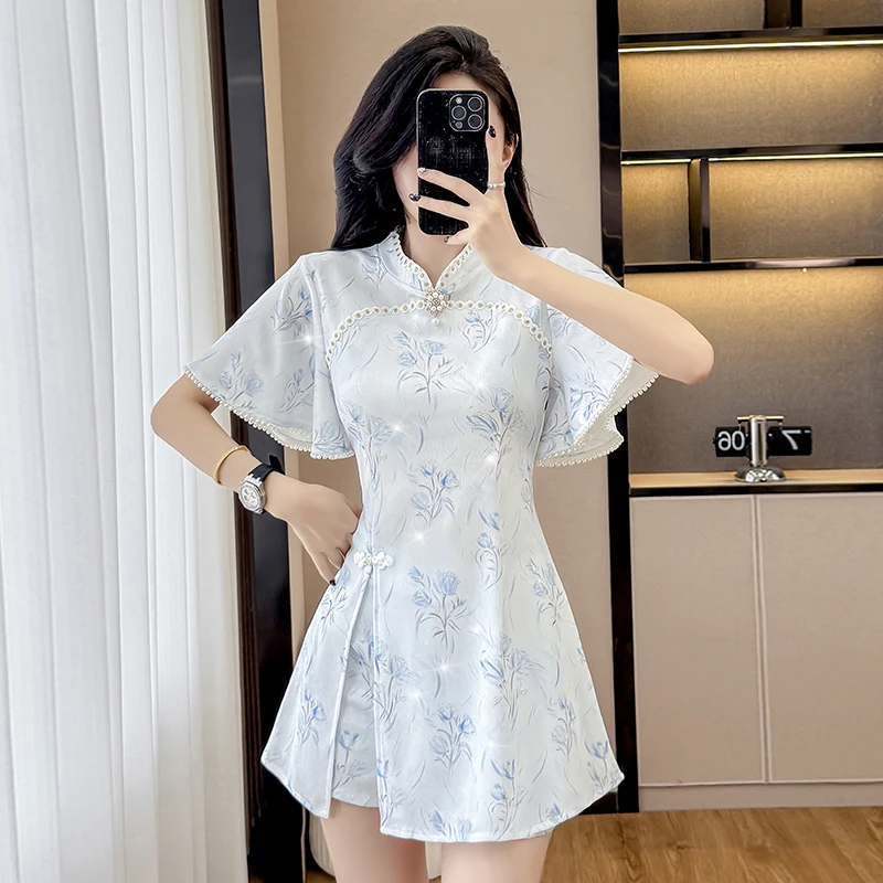 

Elegant Floral Cheongsam Set - Modern Chinese Style Dress & Shorts 2-Piece Outfit (S-2XL)