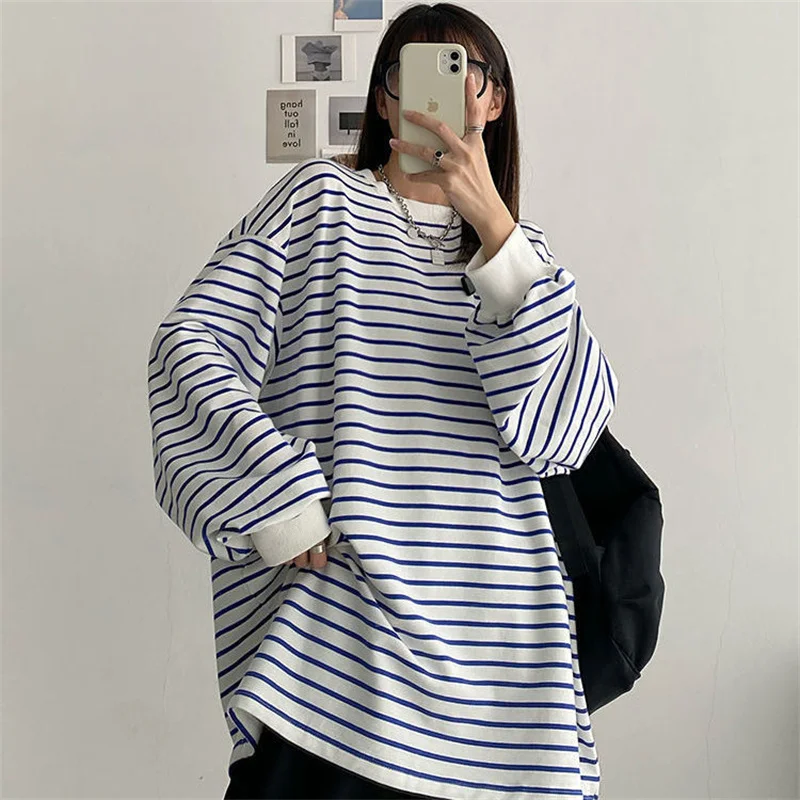 Basic T-shirts Women Striped Top All-match Stylish Daily Lazy Simple Spring Autumn Long Sleeve Tees Korean Style New Sweatshirt